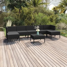 Set mobilier de gradina cu perne, 8 piese, negru, poliratan 2x colt + 3x mijloc + 2x suport pentru picioare+ masa, 1