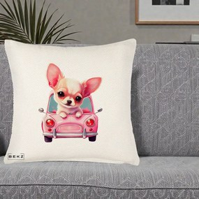 Perna Decorativa Chihuahua Roz in Masinuta, 40x40 cm, Crem Reliefat, Husa Detasabila, Perna Inclusa, BEKZ®