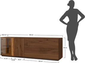 Comodă TV lemn masiv Aurora cu Vitrină Iluminată Stejar Fumuriu, 185 × 43.5 × 60 cm
