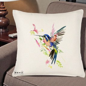 Perna Decorativa Colibri Acuarela, 40x40 cm, Crem Reliefat, Husa Detasabila, Perna Inclusa, BEKZ®
