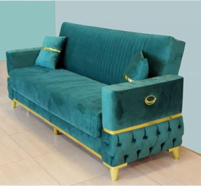 Canapea extensibila cu lada de depozitare 220x90x97 cm – stofa verde, detalii aurii –  Vegas