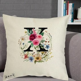 Cadou Personalizat - Perna Personalizata Monograma Florala Litera X cu Coroana, 40x40 cm, Ecru, Husa Detasabila, Perna Inclusa, BEKZ®
