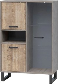 Vitrina BARI, gri/stejar, PAL laminat/sticla/metal, 90x45x134 cm