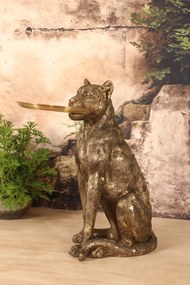 Statuetă decorativă din polirășină, auriu, leopard așezat cu tavă rotundă, finisaj antichizat, 62 x 56,5 x 36,5 cm, „Onyx”