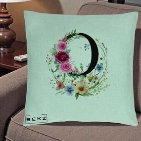 Cadou Personalizat - Perna Personalizata Monogram Litera O cu Flori Acuarela, 40x40 cm, Verde Menta, Husa Detasabila, Perna Inclusa, BEKZ®
