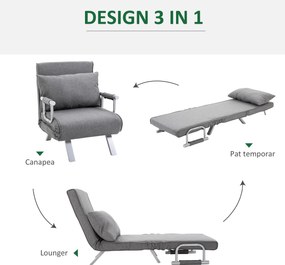 HOMCOM Canapea Extensibilă cu Poziție Reglabilă în 5 Niveluri, Canapea pliabilă cu pernă, 65x69x80 cm, Gri | Aosom Romania