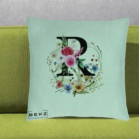 Cadou Personalizat - Perna Personalizata Monogram Litera R cu Flori Acuarela, 40x40 cm, Verde Menta, Husa Detasabila, Perna Inclusa, BEKZ®
