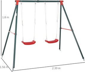 Outsunny Leagăn Dublu pentru Copii 3+ Ani cu Structură din Metal, Leagăn de Grădină cu Coardă Reglabilă, Joc de Exterior, Max 45 kg, 239x156x180 cm, Verde și Roșu | Aosom Romania