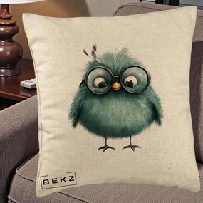 Perna Decorativa Pui Teal cu Ochelari Rotunzi, 40x40 cm, Bej, Husa Detasabila, Perna Inclusa, BEKZ®