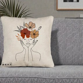 Perna Decorativa Portret Feminin Coroana Trei Flori, 40x40 cm, Bej Canapea, Husa Detasabila, Perna Inclusa, BEKZ®