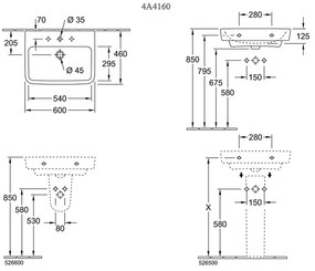 Lavoar baie suspendat alb 60 cm, dreptunghiular, Villeroy  Boch O.Novo 600x460 mm