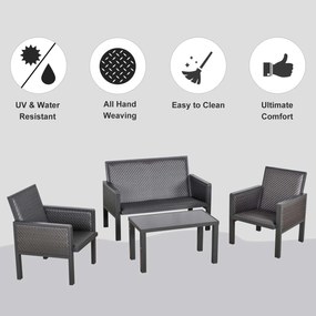 Outsunny Salon de Gradina Complet, Set 4 Piese, Canapea + Masuta, Ratan Sintetic Durabil, Gri, Ideal pentru Patio sau Terasa | Aosom Romania