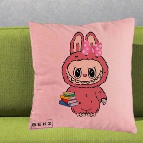Perna Personalizata Labubu Roz cu Funda si Carti, 40x40 cm, Roz, Husa Detasabila, Perna Inclusa, BEKZ®