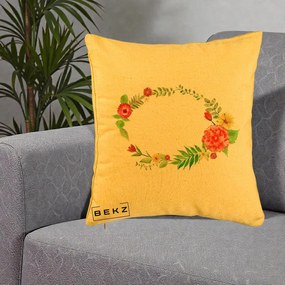 Perna Decorativa Coroana Florala Acuarela, 40x40 cm, Galben, Husa Detasabila, Perna Inclusa, BEKZ®