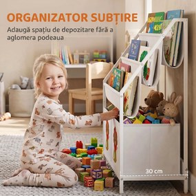 AIYAPLAY Bibliotecă Montessori pentru Copii 3-8 Ani cu 4 Rafturi și 2 Cutii cu Imprimeu Leu, Alb | Aosom Romania
