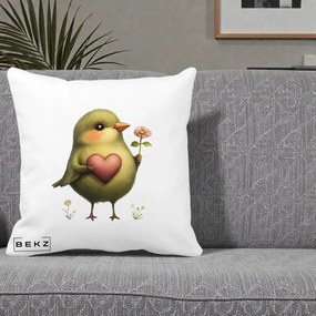 Perna Decorativa Pasare Verde cu Inima si Floare, 40x40 cm, Alba Mata, Husa Detasabila, Perna Inclusa, BEKZ®