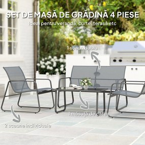 Outsunny Set Mobilier de Grădină din 4 Piese, cu Bancă de Exterior cu 2 Locuri, 2 Scaune și Măsuță de Cafea cu Blat din Sticlă Securizată, Set Mobilier de Exterior din Metal și Textilenă, Gri Deschis | Aosom Romania