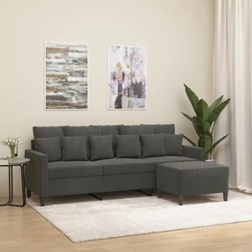 3153472 vidaXL Canapea cu 3 locuri și taburet, gri închis, 180 cm, catifea
