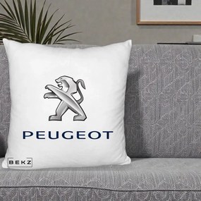 Perna Personalizata cu emblema Peugeot, 40x40 cm, Alb Pufos, Husa Detasabila, Perna Inclusa, BEKZ®