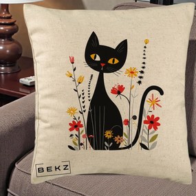 Perna Decorativa Pisica Neagra Ochi Galbeni Flori, 40x40 cm, Bej, Husa Detasabila, Perna Inclusa, BEKZ®