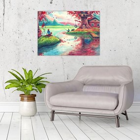 Tablou pe sticlă - Acuarelă, Golf într-un sat de munte (70x50 cm)