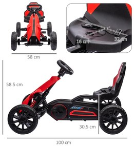 Kart cu pedale pentru copii cu vârsta între 3-8 ani cu scaun reglabil în 4 poziții și roți EVA, 100x58x58,5cm roșu și negru HOMCOM | Aosom RO