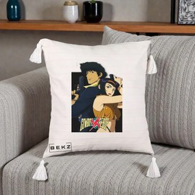 Perna Personalizata Cowboy Bebop Spike si Faye Poster, 40x40 cm, Bej cu Franjuri, Husa Detasabila, Perna Inclusa, BEKZ®