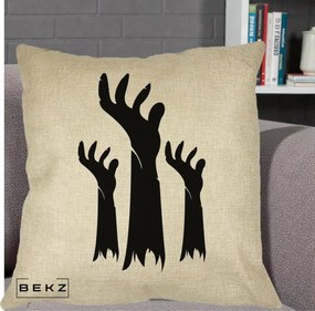 Perna Decorativa Halloween Maini Zombie Alb-Negru, 40x40 cm, Crem, Husa Detasabila, Perna Inclusa, BEKZ®