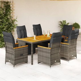 vidaXL Set bistro de grădină cu perne, 7 piese, gri, poliratan