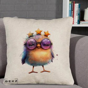Perna Decorativa Pui Pop Star cu Ochelari Stele Violet, 40x40 cm, Bej Canapea, Husa Detasabila, Perna Inclusa, BEKZ®