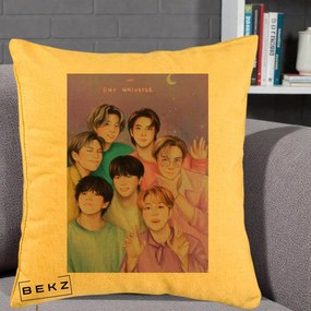 Perna Personalizata K-pop BTS Our Universe Fanart Violet Pastel, 40x40 cm, Galben, Husa Detasabila, Perna Inclusa, BEKZ®