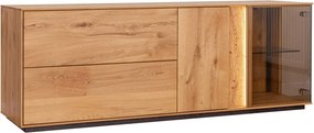 Comodă TV lemn masiv Aurora cu Vitrină Iluminată Stejar, 165 × 37 × 60 cm