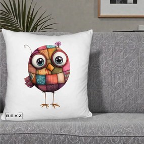 Perna Decorativa Pasare Patchwork Roz cu Floare, 40x40 cm, Alb Pufos, Husa Detasabila, Perna Inclusa, BEKZ®