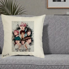Perna Personalizata K-pop BTS Bangtan Boys Poster Artistic Negru Alb, 40x40 cm, Ecru, Husa Detasabila, Perna Inclusa, BEKZ®