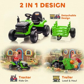 AIYAPLAY Tractor Electric 2 în 1 pentru Copii 3-8 Ani 12V cu Remorcă Detașabilă, Mașină Electrică pentru Copii cu Telecomandă, Centură de Siguranță, Muzică, Lumini LED și Claxon, Verde | Aosom Romania