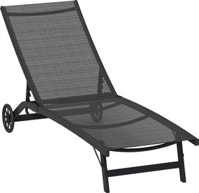 Outsunny Șezlong, spătar reglabil în 5 trepte, material respirabil, cadru din aluminiu, Negru, 195 x 66 x 34 cm | Aosom Romania