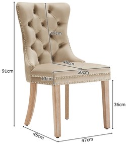 Set de 2 scaune tapițate pentru sufragerie din catifea, design cu cusături și nasturi, 50x46x91 cm, maro deschis
