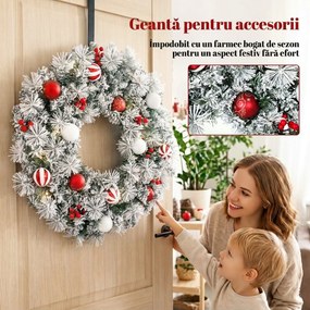 HOMCOM Coroniță de Crăciun Înzăpezită, 60 cm, cu Lumini LED, 8 Moduri, 140 Ramuri, 8 Fructe Roșii și 15 Globuri Decorative, Verde | Aosom Romania