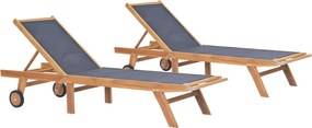 vidaXL Șezlonguri pliabile cu roți, 2 buc., lemn masiv tec/textilenă