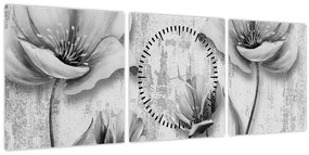 Tablou - Flori alb-negru pe fundal (cu ceas) (90x30 cm)