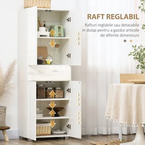 Dulap Bucatarie cu sertare,4 usi, cu 5 niveluri cu 3 rafturi reglabile,  pentru sufragerie, alb lucios 60x35x170cm HOMCOM | Aosom Romania