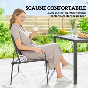 Outsunny Set de Prânz pentru Exterior, 7 Piese pentru 6 Persoane, Masă cu Efect de Lemn și Scaune cu Șezut Respirabil, Set Mobilier de Grădină cu Cadru din Oțel Galvanizat, Negru | Aosom Romania