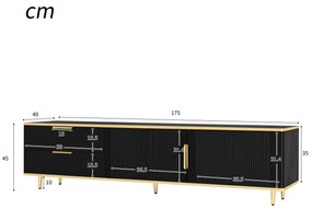 Mobilă TV joasă cu textură sculptată, mânere și picioare aurii, structură cu efect de marmură pentru living, 175x40x45 cm, negru