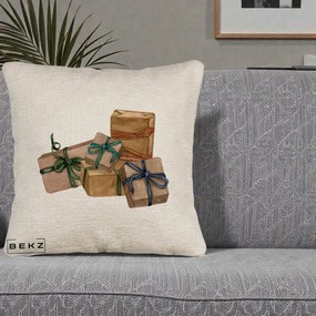 Perna Decorativa Cadouri de Craciun Kraft, 40x40 cm, Bej Canapea, Husa Detasabila, Perna Inclusa, BEKZ®