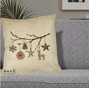 Perna Decorativa Ornamente de Lemn pe Ramura, 40x40 cm, Crem, Husa Detasabila, Perna Inclusa, BEKZ®