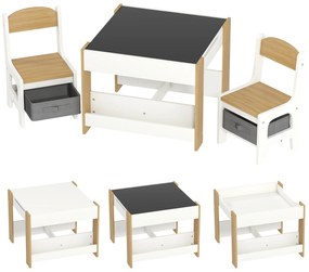 HOMCOM Set 3 piese masă și 2 scaune pentru copii cu blat reversibil, tablă neagră, coș de depozitare, rafturi | Aosom Romania