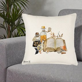 Perna Decorativa Grimoire Vrajitoare si Filtre Magice Halloween, 40x40 cm, Crem Reliefat, Husa Detasabila, Perna Inclusa, BEKZ®