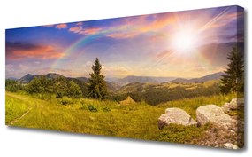 Tablou pe panza canvas Soare Munții Meadow pietre Natura Galben Verde Maro