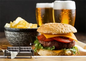 Tapet Premium Canvas - Burger cu cartofi chips si bere