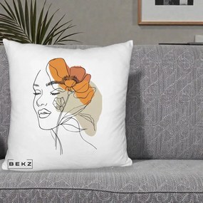 Perna Decorativa Portret Feminin Mac Mare Portocaliu, 40x40 cm, Alb Pufos, Husa Detasabila, Perna Inclusa, BEKZ®